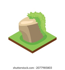 Isometric jungle composition with square piece of terrain and stone with moth grass vector illustration