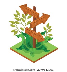 Isometrisches Dschungelkomposition mit quadratischem Gelände und exotische Pflanze mit Holzsignatur, Vektorgrafik