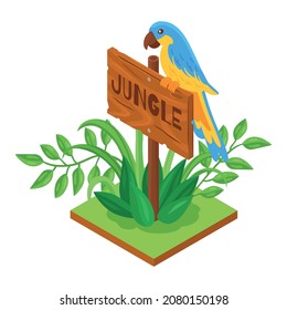 Isometric jungle composition with square piece of terrain and exotic plant with wooden signboard vector illustration