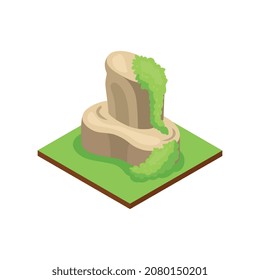 Isometric jungle composition with square piece of terrain and rock with grass vector illustration