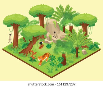 Isometric jungle composition with square platform with wild nature landscape tropical trees plants and exotic animals vector illustration