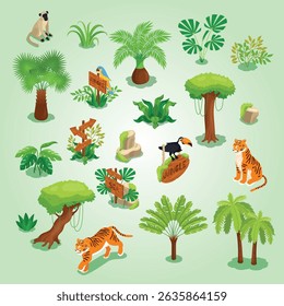 Isometric jungle horizontal composition with flowchart graphs and text captions with exotic plants and wild animals
