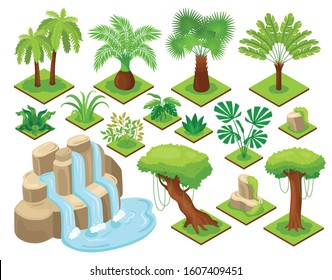 Isometric jungle set with isolated elements of jungle terrain with trees and plants on blank background vector illustration