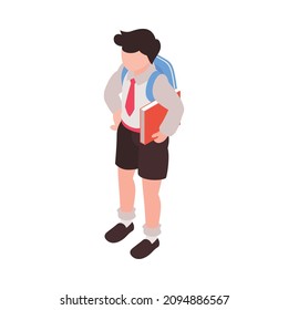 Isometric junior school composition with character of schoolboy holding book vector illustration