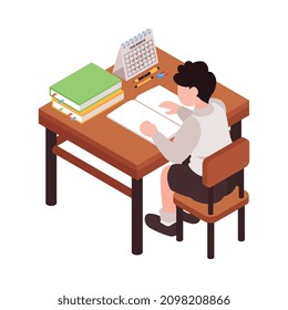 Isometric junior school composition with character of schoolboy sitting at desk with stationery vector illustration