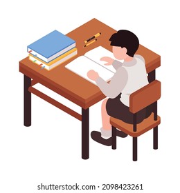 Isometric junior school composition with character of schoolboy sitting at desk with stationery vector illustration