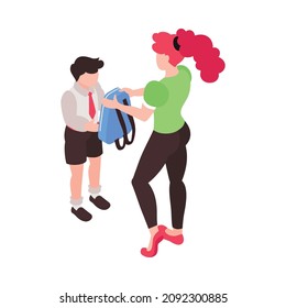 Isometric junior school composition with characters of mother giving backpack to schoolboy son vector illustration