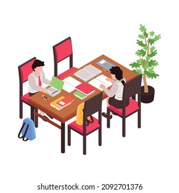 Isometric junior school composition with characters of schoolchildren sitting at common table vector illustration