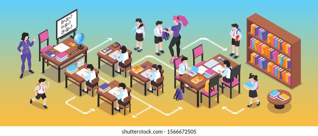 Isometric junior school narrow composition with children sitting at desks books in library case with arrows vector illustration