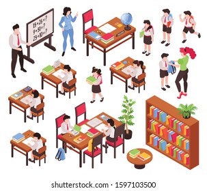 Isometric junior school set of isolated pieces of classroom furniture and human characters of teachers and schoolchildren vector illustration