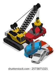 Isometric junkyard crane loader stacks wrecked cars in pile at car dump. Preparation of unnecessary auto junk for recycling. Aerial view 3D vector isolated on white background