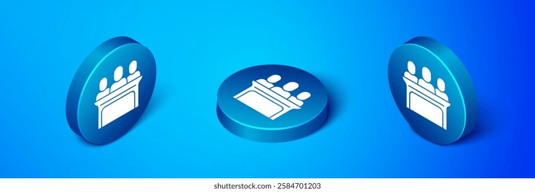 Isometric Jurors icon isolated on blue background. Blue circle button. Vector