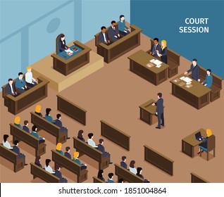 Isometric Justice Law Composition With Text And Indoor Scenery Of Public Hearing In Court With People Vector Illustration