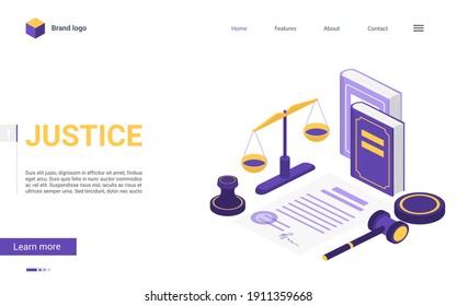 Isometric justice and law firm vector illustration. Cartoon 3d concept landing page with courtroom items, mallet hammer of judge lawyer, pen scale balance of justice, judgment books legal court symbol