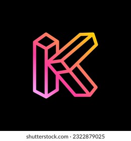 Isometric K letter logo. Neon lights emblem. Multicolor gradient impossible lines design. Cubic bright icon for blockchain labels, nightlife headlines, futuristic posters, NFT advertisement.