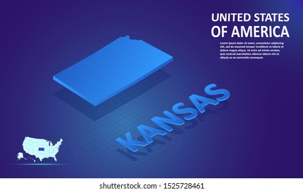 Isometric KANSAS State map on blue and glowing background. 3D Detailed Map in perspective with place for your text or description.Technology Information Graphic Elements for Website, app, UI, Travel