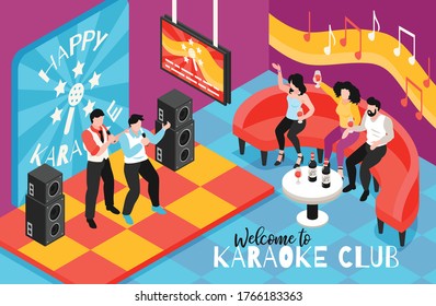 Isometric karaoke bar composition with indoor singing club scenery with stage acoustics musical notes and people vector illustration