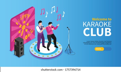 Isometric karaoke horizontal banner with editable text more button and people singing in microphones on stage vector illustration
