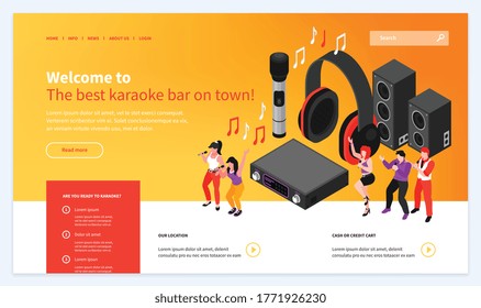 Diseño de plantilla de sitio web de karaoke isométrico con enlaces pulsables botones de texto y personas de fiesta con equipo de audio ilustración vectorial