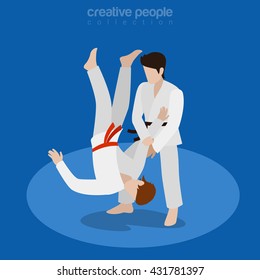 Isometric karate fight sports concept. Flat 3d isometry web site conceptual vector illustration. Creative people collection.