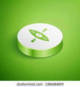 Isometric Kayak and paddle icon isolated on green background. Kayak and canoe for fishing and tourism. Outdoor activities. White circle button. Vector Illustration