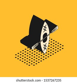 Isometric Kayak and paddle icon isolated on yellow background. Kayak and canoe for fishing and tourism. Outdoor activities.  Vector Illustration