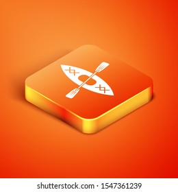 Isometric Kayak and paddle icon isolated on orange background. Kayak and canoe for fishing and tourism. Outdoor activities.  Vector Illustration