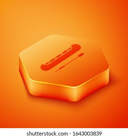 Isometric Kayak and paddle icon isolated on orange background. Kayak and canoe for fishing and tourism. Outdoor activities. Orange hexagon button. Vector Illustration