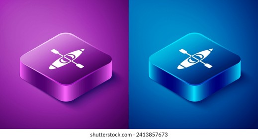 Isometric Kayak and paddle icon isolated on blue and purple background. Kayak and canoe for fishing and tourism. Outdoor activities. Square button. Vector Illustration
