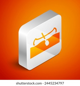 Isometric Kayak and paddle icon isolated on orange background. Kayak and canoe for fishing and tourism. Outdoor activities. Silver square button. Vector