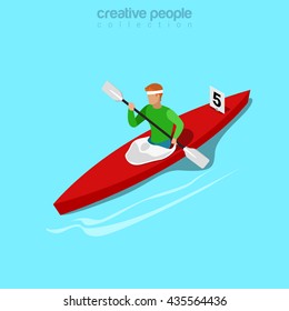 Isometric kayaker rowing sports concept. Flat 3d isometry web site conceptual vector illustration. Creative people collection.