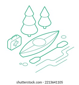 Isometric kayaking extreme sports illustration. Kayak with river, paddle, trees, wooden log. First aid and safety concept. Outline design with optional white fill. Isolated on white background.