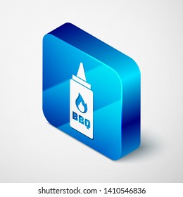 Isometric Ketchup bottle icon isolated on white background. Fire flame icon. Barbecue and BBQ grill symbol. Blue square button. Vector Illustration