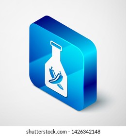 Isometric Ketchup bottle icon isolated on white background. Hot chili pepper pod sign. Barbecue and BBQ grill symbol. Blue square button. Vector Illustration