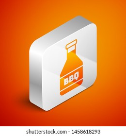 Isometric Ketchup bottle icon isolated on orange background. Barbecue and BBQ grill symbol. Silver square button. Vector Illustration