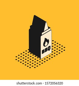 Isometric Ketchup bottle icon isolated on yellow background. Fire flame icon. Barbecue and BBQ grill symbol.  Vector Illustration