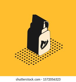 Isometric Ketchup bottle icon isolated on yellow background. Fire flame icon. 