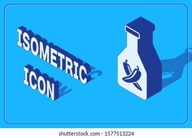 Isometric Ketchup bottle icon isolated on blue background. Hot chili pepper pod sign. Barbecue and BBQ grill symbol.  Vector Illustration