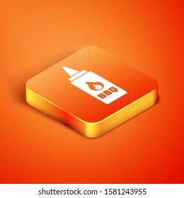 Isometric Ketchup bottle icon isolated on orange background. Fire flame icon. Barbecue and BBQ grill symbol.  Vector Illustration