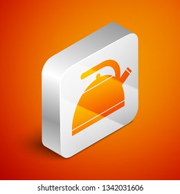 Isometric Kettle with handle icon isolated on orange background. Teapot icon. Silver square button. Vector Illustration