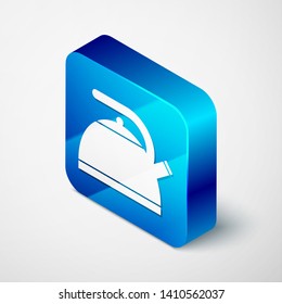 Isometric Kettle with handle icon isolated on white background. Teapot icon. Blue square button. Vector Illustration