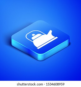 Isometric Kettle with handle icon isolated on blue background. Teapot icon. Blue square button. Vector Illustration