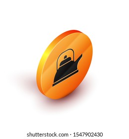 Isometric Kettle with handle icon isolated on white background. Teapot icon. Orange circle button. Vector Illustration