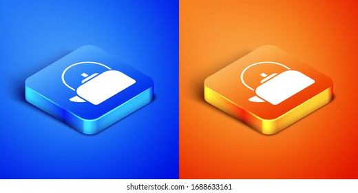 Isometrisches Kettle mit Griffsymbol einzeln auf blauem und orangefarbenem Hintergrund. Teekocher Ikone. Knopf Quadrat. Vektorillustration-Illustration