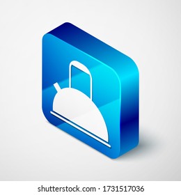 Isometric Kettle with handle icon isolated on grey background. Teapot icon. Blue square button. Vector Illustration