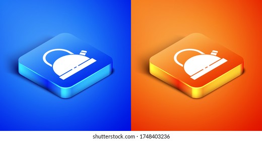 Isometric Kettle with handle icon isolated on blue and orange background. Teapot icon. Square button. Vector
