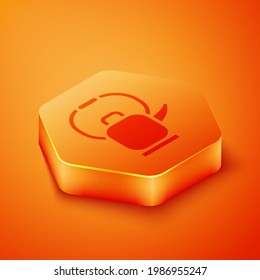 Isometric Kettle with handle icon isolated on orange background. Teapot icon. Orange hexagon button. Vector Illustration