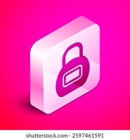 Isometric Kettlebell icon isolated on pink background. Sport equipment. Silver square button. Vector