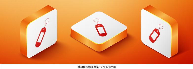 Isometric Key chain icon isolated on orange background. Blank rectangular keychain with ring and chain for key. Orange square button. Vector.