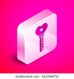 Isometric Key in heart shape icon isolated on pink background. Valentines day. Silver square button. Vector Illustration